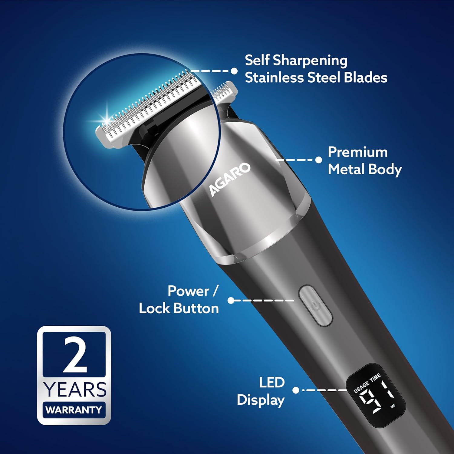 AGARO Royal Beard Trimmer For Men, Hair Trimming, High Precision Trimmer, Cordless, 4 Length Setting Combs, Self Sharpening Stainless Steel Blade, Metal