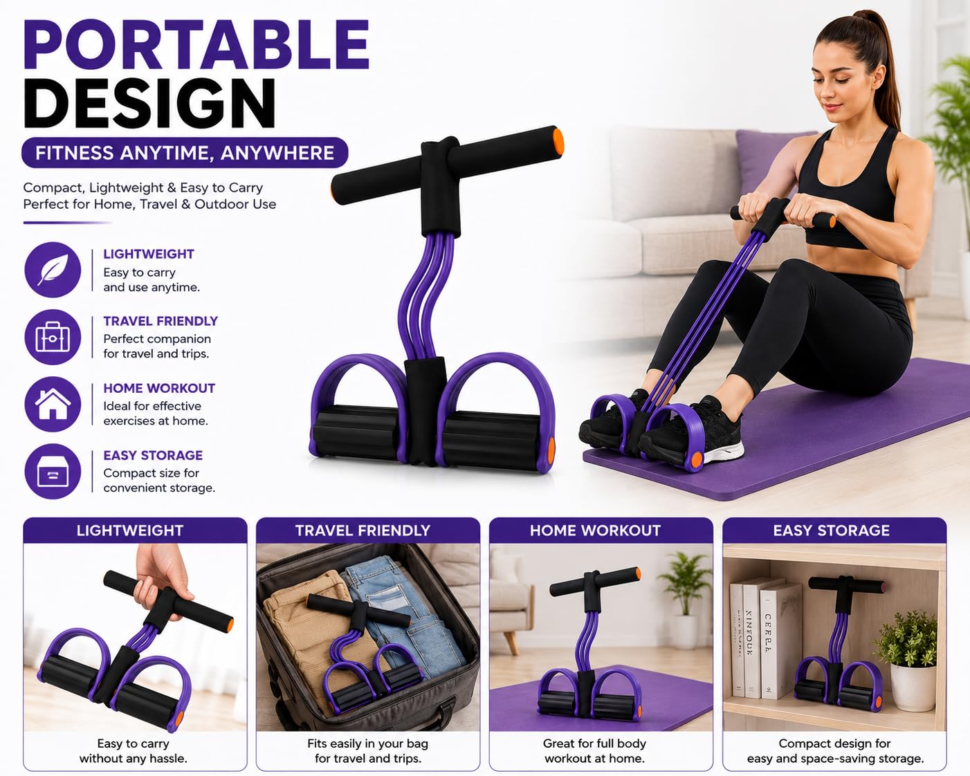 Yoga Pedal Puller Resistance Band, 4 Tube Natural Rubber Pedal Exerciser for Home Workout, Full Body Exercise Equipment for Abs Arms Legs Stretching and...
