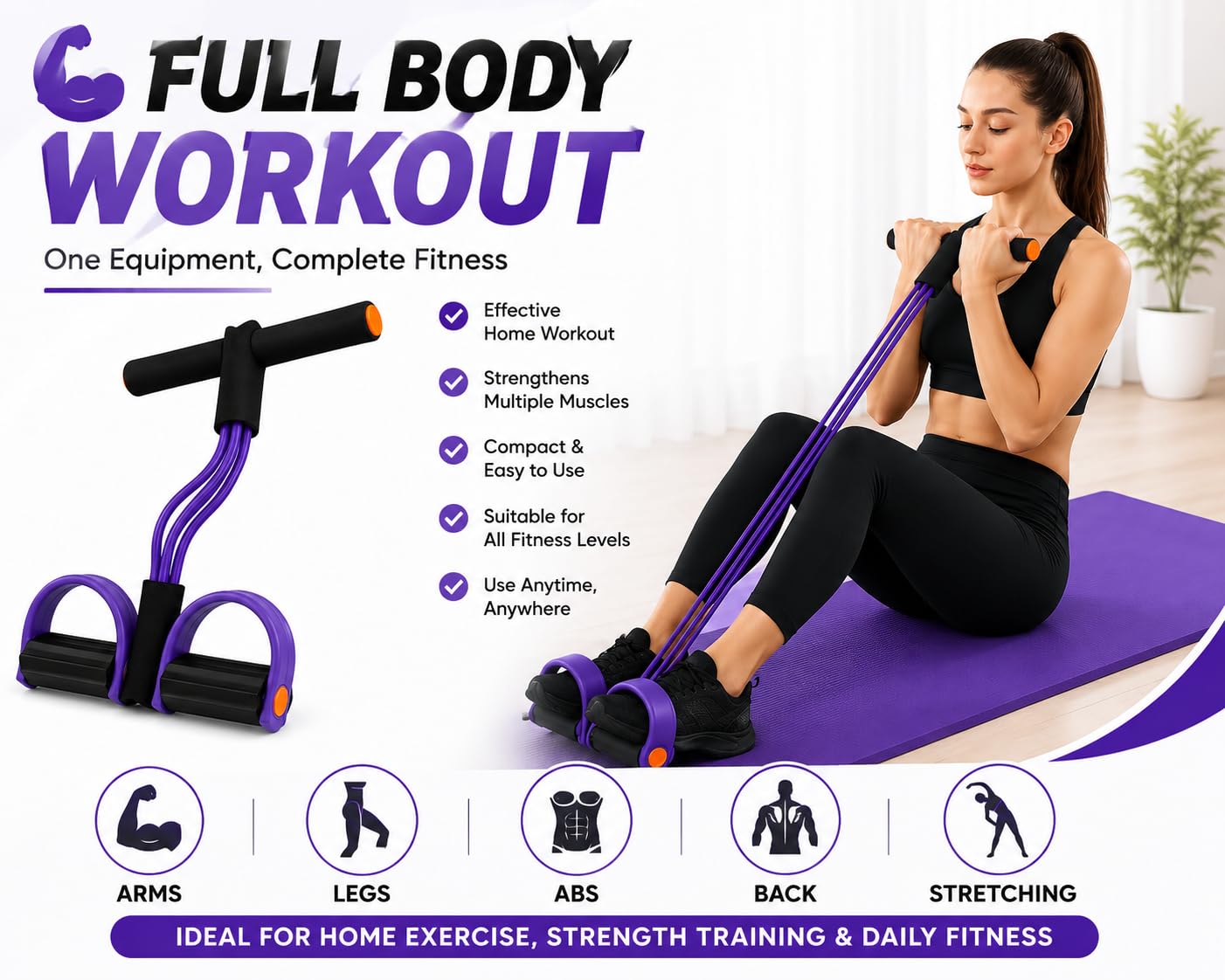 Yoga Pedal Puller Resistance Band, 4 Tube Natural Rubber Pedal Exerciser for Home Workout, Full Body Exercise Equipment for Abs Arms Legs Stretching and...