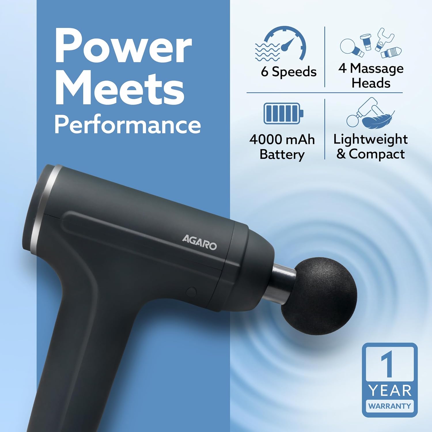 AGARO Galaxy Massager Machine, Handheld Deep Tissue Massage Gun, 4 Heads, 6 Speed, Rechargeable Percussion Massager for Muscle Relief