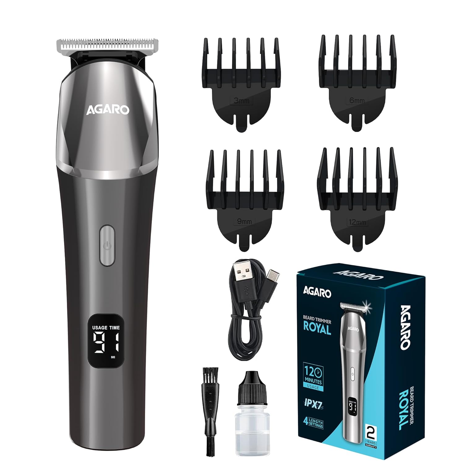 AGARO Royal Beard Trimmer For Men, Hair Trimming, High Precision Trimmer, Cordless, 4 Length Setting Combs, Self Sharpening Stainless Steel Blade, Metal