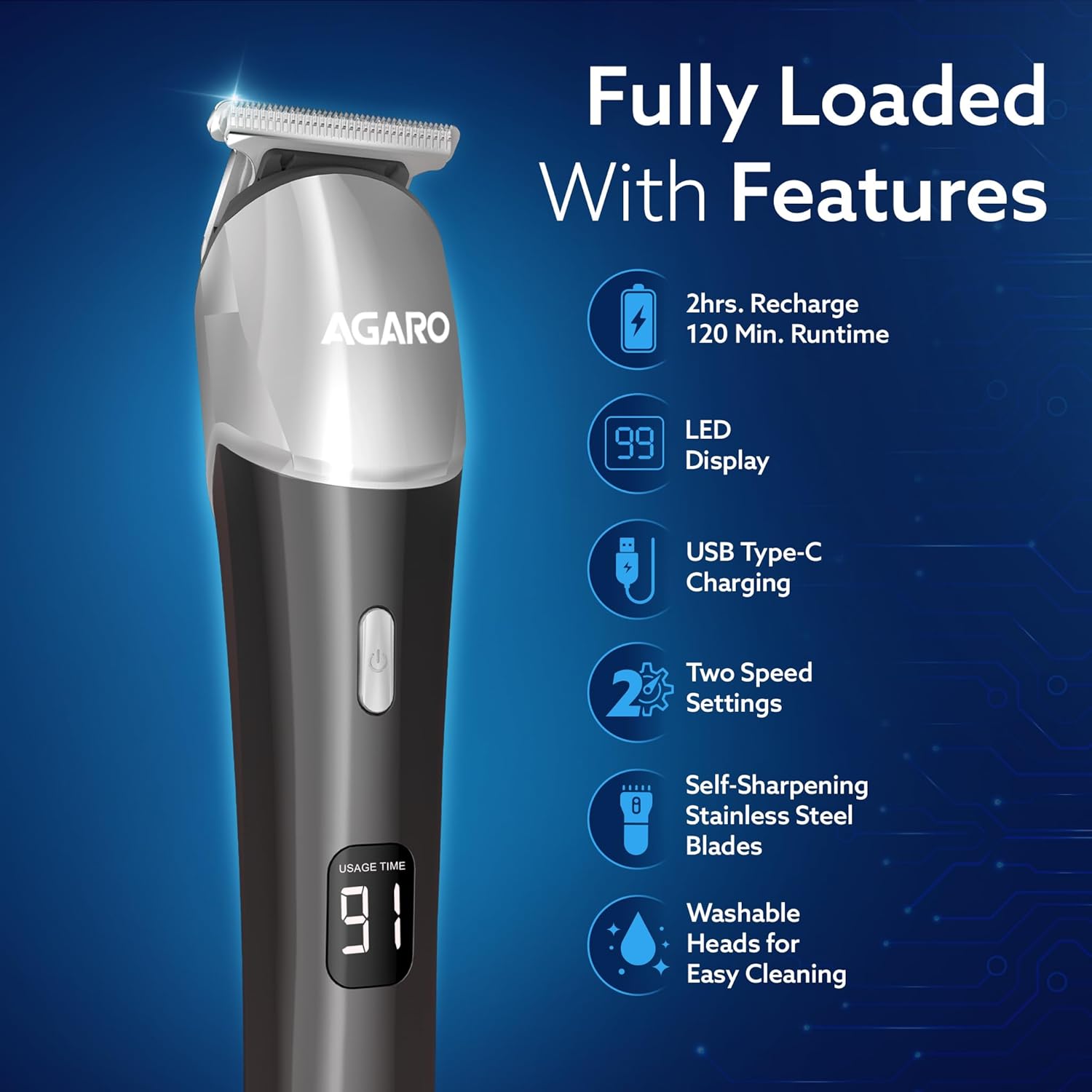 AGARO Royal Beard Trimmer For Men, Hair Trimming, High Precision Trimmer, Cordless, 4 Length Setting Combs, Self Sharpening Stainless Steel Blade, Metal