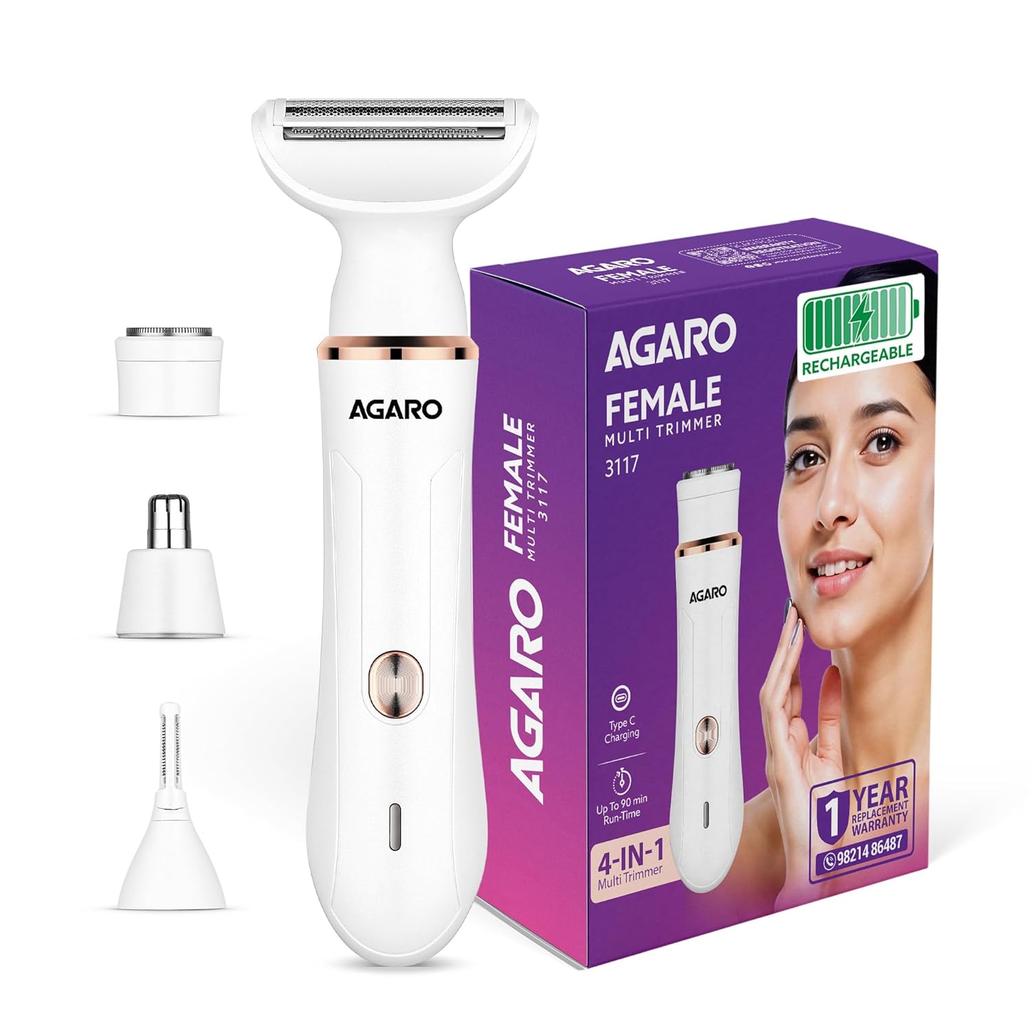 Female Multi Trimmer – Facial Hair Removal Machine, Bikini Trimmer, Eyebrow & Nose Hair Trimmer Painless body hair trimming Type-C charging, up to...