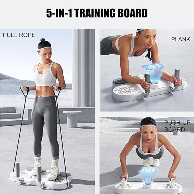 5-in-1 Multifunctional Plank Trainer and Push Up Board with Resistance Bands | Smart Home Gym Equipment with Digital Timer and Calorie Counter for Core, Chest and Abs Workout | Unisex