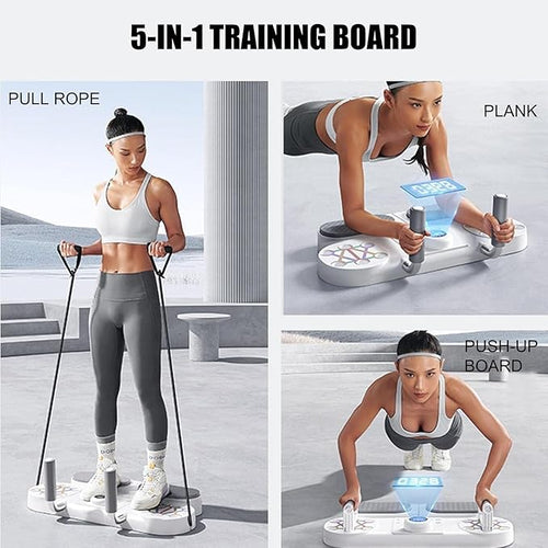 5-in-1 Multifunctional Plank Trainer and Push Up Board with Resistance Bands | Smart Home Gym Equipment with Digital Timer and Calorie Counter for Core, Chest and Abs Workout | Unisex