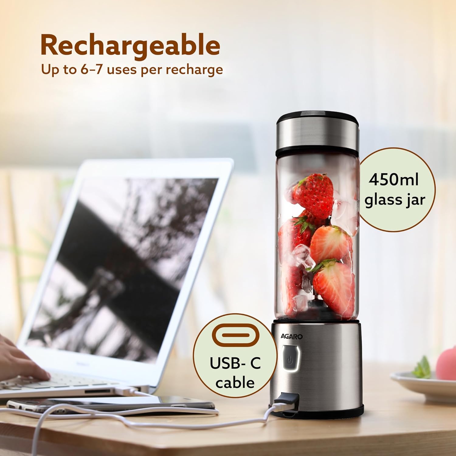 AGARO Galaxy Portable Blender for Smoothie & Milk Shakes, 450ml, USB Type C Rechargeable, 3000 mAh Battery, Mini Personal Blender for Home, Office, Gym,