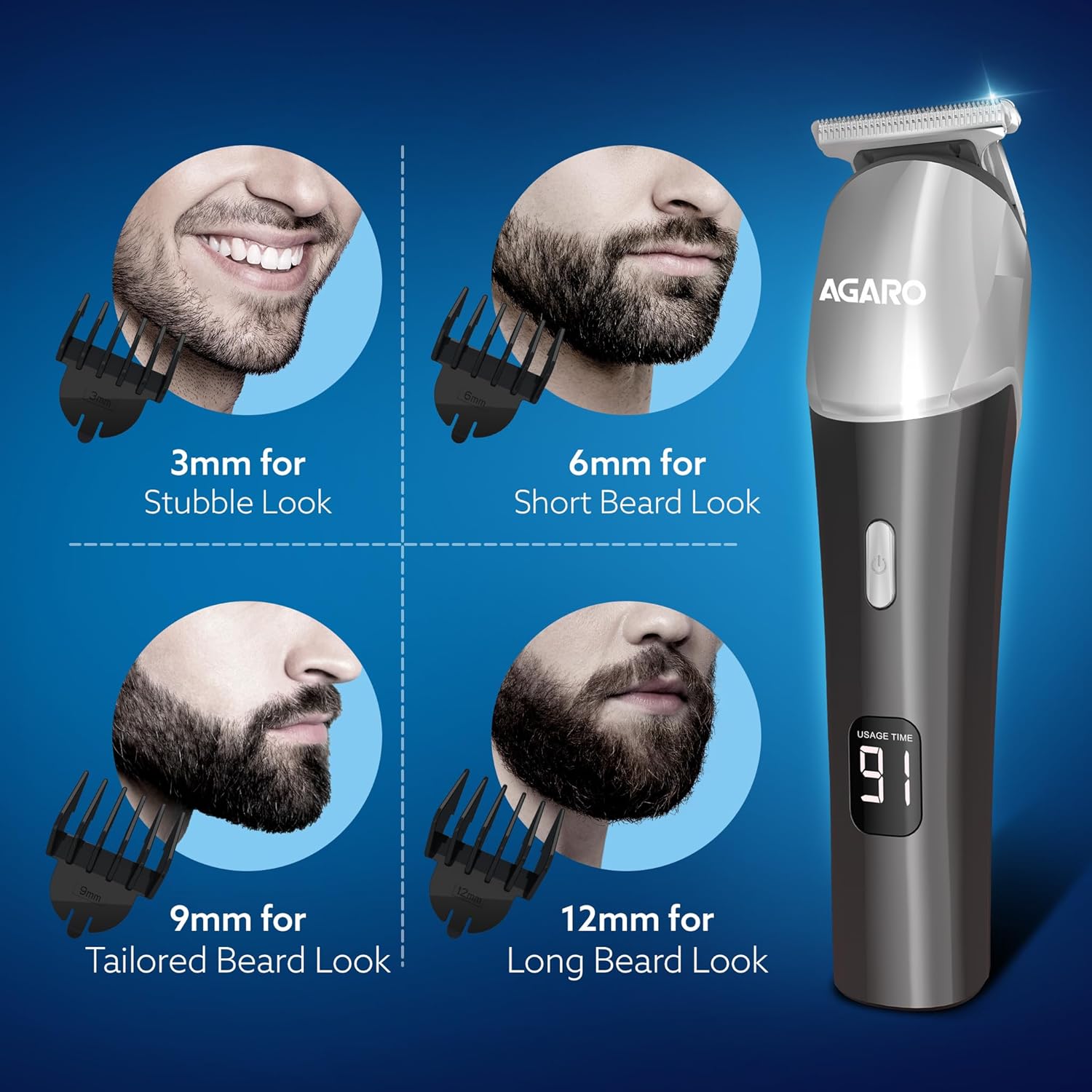 AGARO Royal Beard Trimmer For Men, Hair Trimming, High Precision Trimmer, Cordless, 4 Length Setting Combs, Self Sharpening Stainless Steel Blade, Metal